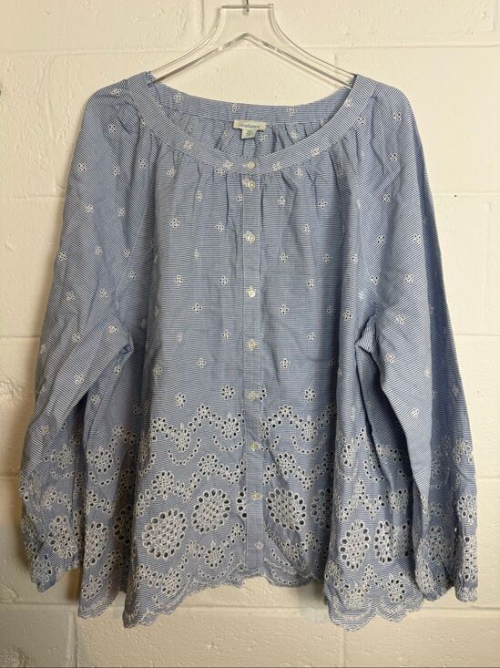 Sundance Tops - Sundance Women’s XXL Blue White Striped Eyelet Embroidered Cotton Boho Peasant B